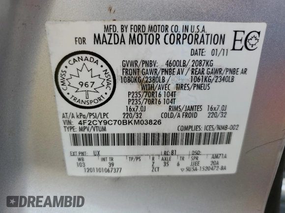 2011 Mazda Tribute Sport with VIN 4F2CY9C70BKM03826, listed as a Copart auction lot 45222665 with 171,082 mi miles and Salvage Title. Bid and sale history available at DreamBid. Image 13.