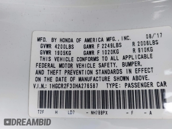 2017 Honda Accord LX with VIN 1HGCR2F30HA276587, listed as a IAAI auction lot 41984875 with 132,698 mi miles and . Bid and sale history available at carsss.com. Image 9.