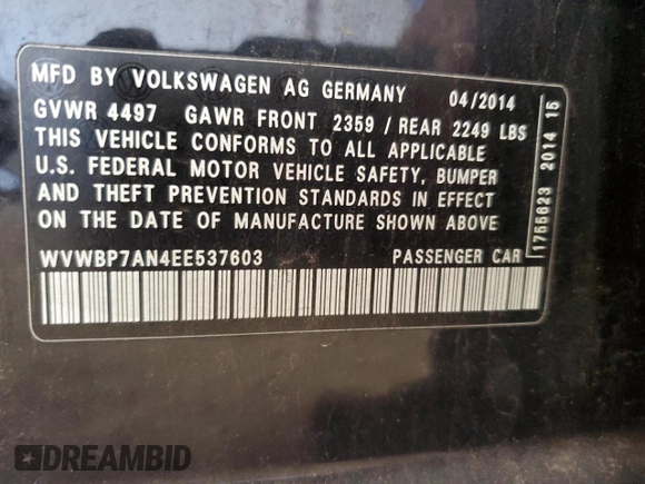 2014 Volkswagen CC Sport with VIN WVWBP7AN4EE537603, listed as a Copart auction lot 65530194 with 173,835 mi miles and Salvage Title. Bid and sale history available at carsss.com. Image 12.