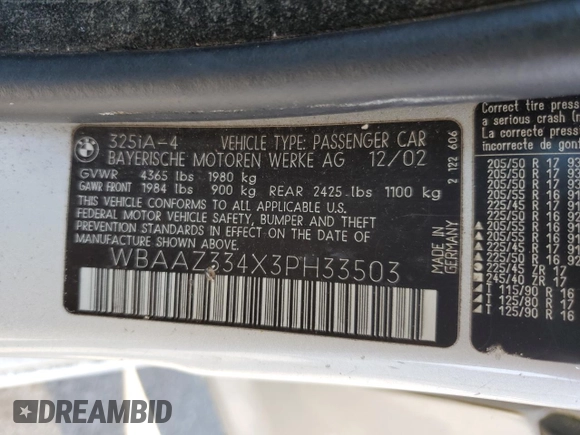 2003 BMW 3 Series 325i with VIN WBAAZ334X3PH33503, listed as a Copart auction lot 65090995 with 198,603 mi miles and Clean title. Bid and sale history available at DreamBid. Image 12.