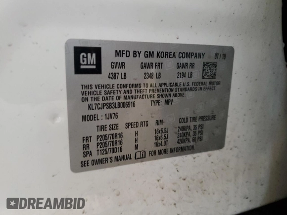 2020 Chevrolet Trax LT с VIN KL7CJPSB3LB006916, выставлен на аукционе Copart как лот 57509005 с пробегом 47 845 миль миль и На запчасти • Non repairable. История ставок и продаж доступна на DreamBid. Изображение 12.