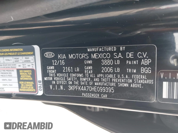 2017 Kia Forte LX with VIN 3KPFK4A70HE099395, listed as a IAAI auction lot 40433686 with 120,337 mi miles. Bid and sale history available at carsss.com. Image 9.