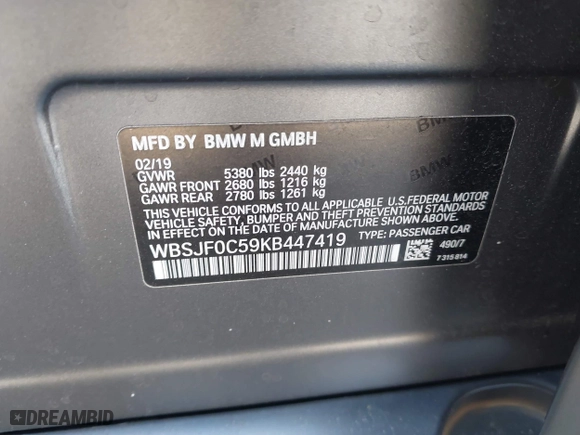 2019 BMW M5 Competition with VIN WBSJF0C59KB447419, listed as a IAAI auction lot 41997505 with 1 mi miles. Bid and sale history available at carsss.com. Image 9.