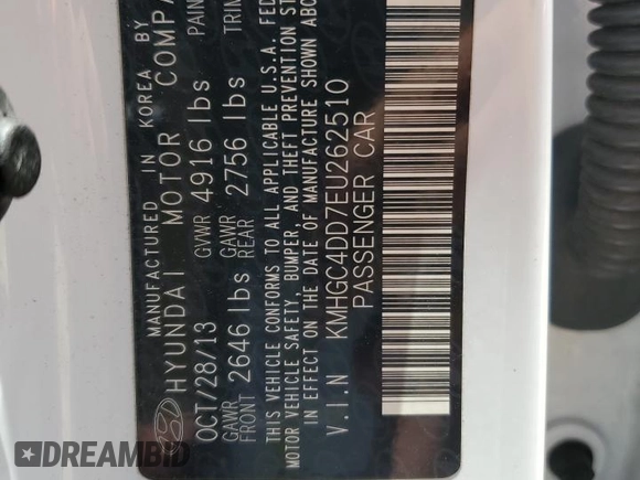 2014 Hyundai Genesis 3.8L z VIN KMHGC4DD7EU262510, wystawiony jako Copart lot #58866875 z przebiegiem Nie podano mil oraz Szkoda całkowita • Salvage title. Historia ofert i sprzedaży dostępna na DreamBid. Obrazek 12.