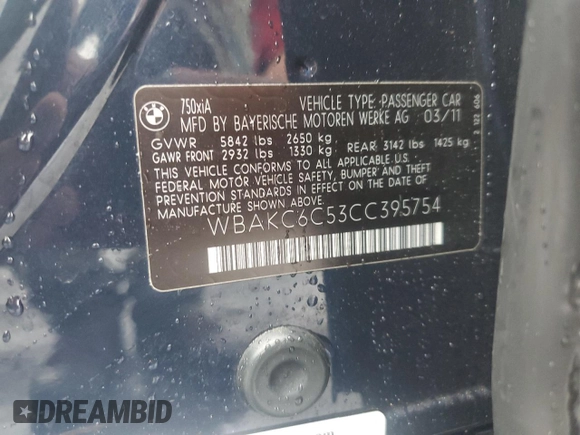 2012 BMW 7 Series 750i xDrive with VIN WBAKC6C53CC395754, listed as a Copart auction lot 55798515 with 79,444 mi miles and Clean Title. Bid and sale history available at DreamBid. Image 12.