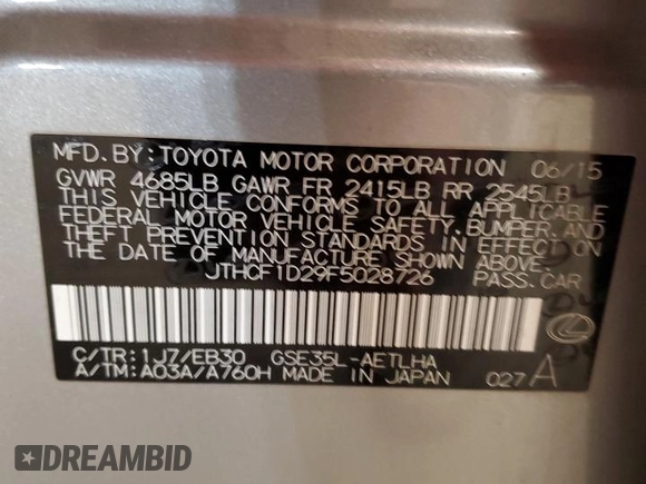 2015 Lexus IS 250 with VIN JTHCF1D29F5028726, listed as a Copart auction lot 49328245 with 73,441 mi miles and Non Repairable. Bid and sale history available at DreamBid. Image 13.