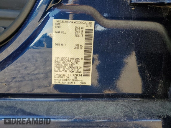 2020 Nissan Altima 2.5 S with VIN 1N4BL4BV7LC137834, listed as a Copart auction lot 43296795 with 155,601 mi miles and Clean Title. Bid and sale history available at carsss.com. Image 12.