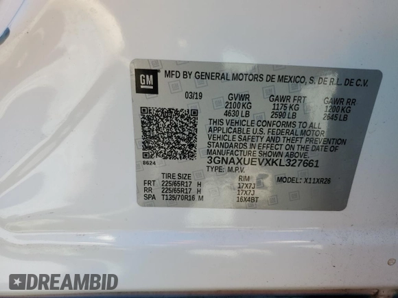 2019 Chevrolet Equinox LT z VIN 3GNAXUEVXKL327661, wystawiony jako Copart lot #54168045 z przebiegiem 83 308 mil mil oraz Szkoda całkowita • Salvage title. Historia ofert i sprzedaży dostępna na DreamBid. Obrazek 14.