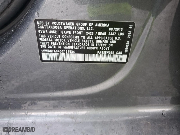 2013 Volkswagen Passat TDI SE with VIN 1VWBN7A34DC151534, listed as a Copart auction lot 47893205 with 121,441 mi miles and Salvage Title. Bid and sale history available at carsss.com. Image 14.
