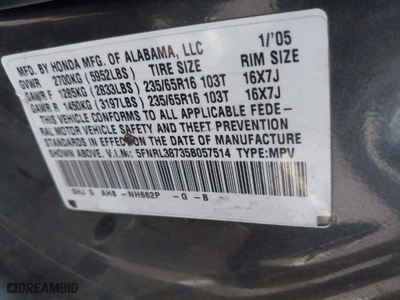 2005 Honda Odyssey EX-L with VIN 5FNRL38735B057514, listed as a IAAI auction lot 41762185 with 264,851 mi miles. Bid and sale history available at carsss.com. Image 9.