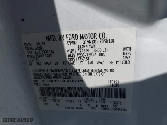2014 Ford F-150 XL with VIN 1FTNF1CF5EKF62031, listed as a IAAI auction lot 41657632 with 216,689 mi miles. Bid and sale history available at carsss.com. Image 9.