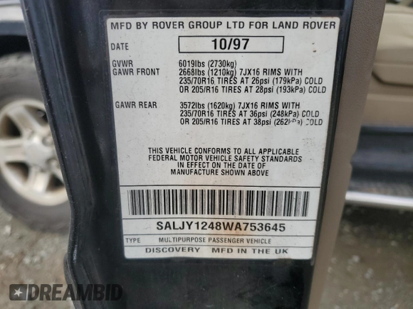 1998 Land Rover Discovery SD z VIN SALJY1248WA753645, wystawiony jako Copart lot #47944795 z przebiegiem 181 974 mil mil oraz Czysty tytuł • Clean title. Historia ofert i sprzedaży dostępna na DreamBid. Obrazek 13.