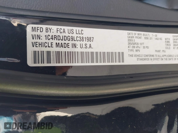 2020 Dodge Durango GT Plus with VIN 1C4RDJDG9LC381987, listed as a IAAI auction lot 42456991 with 48,851 mi miles and . Bid and sale history available at DreamBid. Image 9.