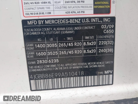 2009 Mercedes-Benz M 350 with VIN 4JGBB86E99A510418, listed as a IAAI auction lot 42200836 with 125,116 mi miles and . Bid and sale history available at carsss.com. Image 9.