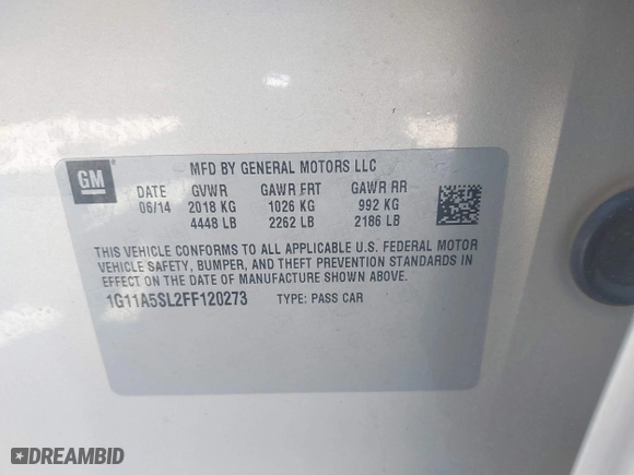 2015 Chevrolet Malibu LS with VIN 1G11A5SL2FF120273, listed as a IAAI auction lot 41736824 with 190,187 mi miles. Bid and sale history available at carsss.com. Image 9.
