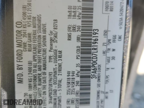 2020 Ford Fusion SEL z VIN 3FA6P0CD7LR196193, wystawiony jako Copart lot #53254465 z przebiegiem 79 944 mil mil oraz Szkoda całkowita • Salvage title. Historia ofert i sprzedaży dostępna na DreamBid. Obrazek 12.
