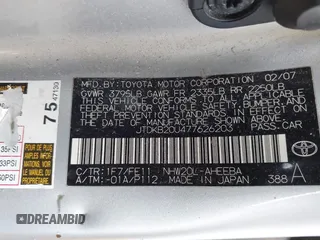 2007 Toyota Prius with VIN JTDKB20U477626203, listed as a IAAI auction lot 41992903 with 150,143 mi miles and . Bid and sale history available at DreamBid. Image 9.