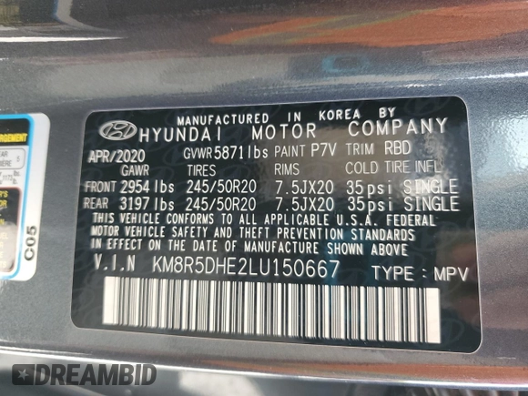 2020 Hyundai Palisade Limited with VIN KM8R5DHE2LU150667, listed as a Copart auction lot 56534995 with 108,441 mi miles and Salvage title. Bid and sale history available at DreamBid. Image 13.