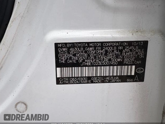 2014 Lexus IS 350 with VIN JTHBE1D23E5007450, listed as a IAAI auction lot 41646683 with 41,700 mi miles and . Bid and sale history available at DreamBid. Image 9.
