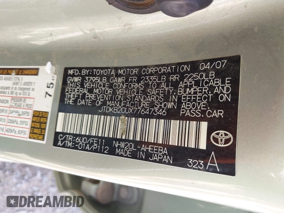 2007 Toyota Prius z VIN JTDKB20UX77647346, wystawiony jako IAAI lot #42339384 z przebiegiem 168 836 mil mil oraz . Historia ofert i sprzedaży dostępna na DreamBid. Obrazek 9.
