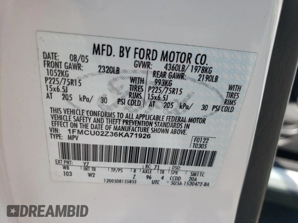 2006 Ford Escape XLS with VIN 1FMCU02Z36KA71926, listed as a Copart auction lot 57697364 with 225,212 mi miles and Salvage title. Bid and sale history available at DreamBid. Image 14.