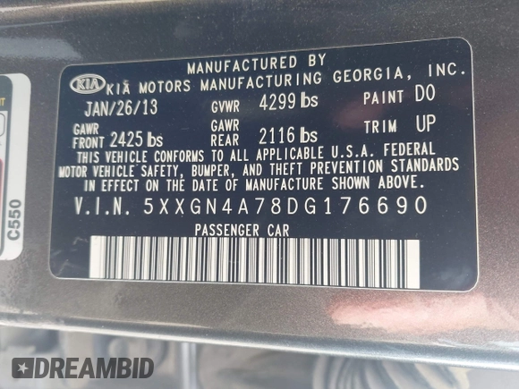 2013 Kia Optima EX with VIN 5XXGN4A78DG176690, listed as a IAAI auction lot 42196301 with 300,717 mi miles and . Bid and sale history available at DreamBid. Image 9.