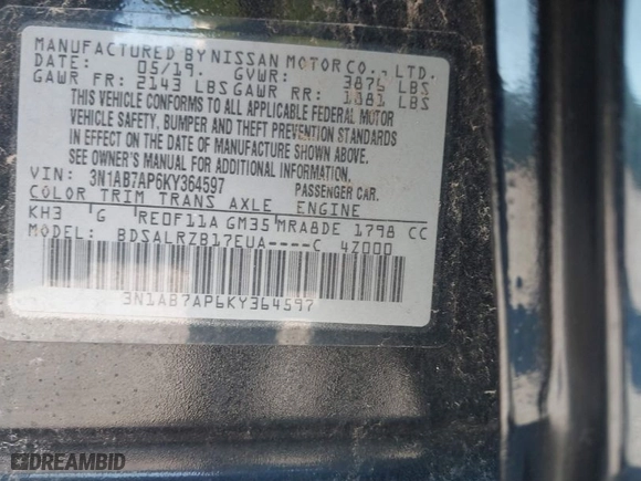 2019 Nissan Sentra S with VIN 3N1AB7AP6KY364597, listed as a IAAI auction lot 40709004 with NaN miles. Bid and sale history available at carsss.com. Image 9.