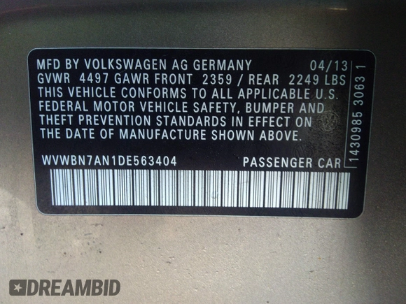 2013 Volkswagen CC Sport с VIN WVWBN7AN1DE563404, выставлен на аукционе IAAI как лот 41659845 с пробегом 171 631 миль миль и . История ставок и продаж доступна на DreamBid. Изображение 9.