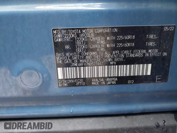 2022 Toyota RAV4 Hybrid XSE with VIN JTME6RFV7ND527447, listed as a IAAI auction lot 42358584 with 50,394 mi miles and . Bid and sale history available at DreamBid. Image 9.