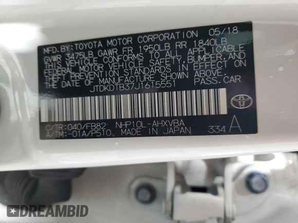 2018 Toyota Prius One with VIN JTDKDTB37J1615551, listed as a Copart auction lot 52892375 with 26,788 mi miles and Clean Title. Bid and sale history available at DreamBid. Image 12.