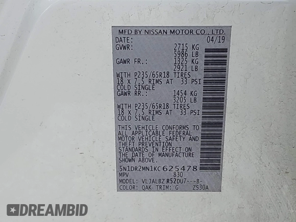 2019 Nissan Pathfinder SL with VIN 5N1DR2MN1KC625478, listed as a IAAI auction lot 42661668 with 98,287 mi miles and . Bid and sale history available at DreamBid. Image 9.