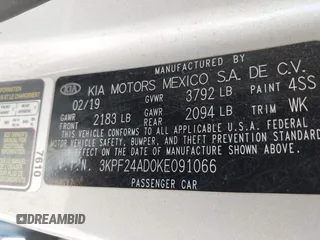 2019 Kia Forte LXS with VIN 3KPF24AD0KE091066, listed as a IAAI auction lot 42256206 with 82,716 mi miles and . Bid and sale history available at DreamBid. Image 9.