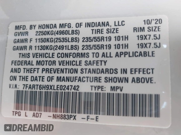 2020 Honda CR-V Touring with VIN 7FART6H9XLE024742, listed as a IAAI auction lot 42120164 with 32,213 mi miles and . Bid and sale history available at DreamBid. Image 9.