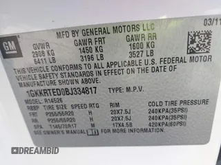 2011 GMC Acadia Denali z VIN 1GKKRTED0BJ334817, wystawiony jako IAAI lot #40957886 z przebiegiem 186 093 mil mil oraz . Historia ofert i sprzedaży dostępna na DreamBid. Obrazek 9.