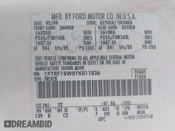 2000 Ford F-150 XL с VIN 1FTRF18W8YKB11836, выставлен на аукционе IAAI как лот 42728813 с пробегом Не указан миль и . История ставок и продаж доступна на DreamBid. Изображение 9.