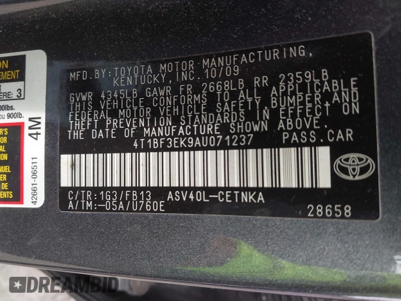 2010 Toyota Camry with VIN 4T1BF3EK9AU071237, listed as a IAAI auction lot 42009488 with 39,221 mi miles and . Bid and sale history available at DreamBid. Image 9.