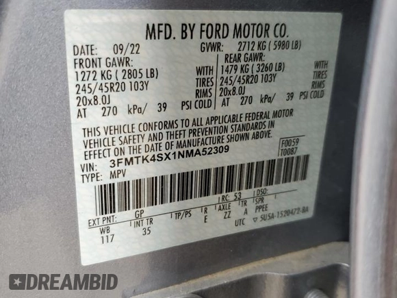 2022 Ford Mustang Mach-E GT z VIN 3FMTK4SX1NMA52309, wystawiony jako Copart lot #49221705 z przebiegiem 24 048 mil mil oraz Szkoda całkowita • Salvage title. Historia ofert i sprzedaży dostępna na DreamBid. Obrazek 13.