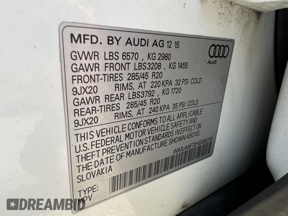 2017 Audi Q7 Premium Plus z VIN WA1LAAF72HD005719, wystawiony jako IAAI lot #42019701 z przebiegiem 154 276 mil mil oraz . Historia ofert i sprzedaży dostępna na DreamBid. Obrazek 8.