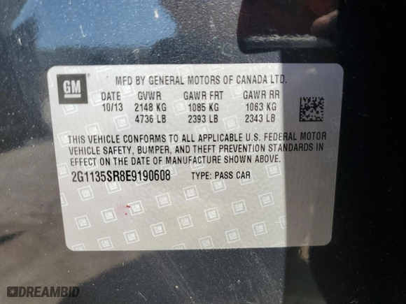 2014 Chevrolet Impala LT Eco with VIN 2G1135SR8E9190608, listed as a Copart auction lot 60490124 with 77,845 mi miles and Salvage Title. Bid and sale history available at carsss.com. Image 13.