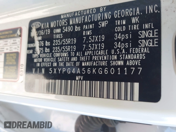 2019 Kia Sorento S V6 with VIN 5XYPG4A56KG601177, listed as a IAAI auction lot 41282318 with 132,373 mi miles. Bid and sale history available at carsss.com. Image 9.
