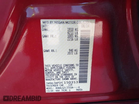 2015 Nissan Altima S with VIN 1N4AL3AP5FC150353, listed as a IAAI auction lot 41943391 with 98,906 mi miles and . Bid and sale history available at DreamBid. Image 9.