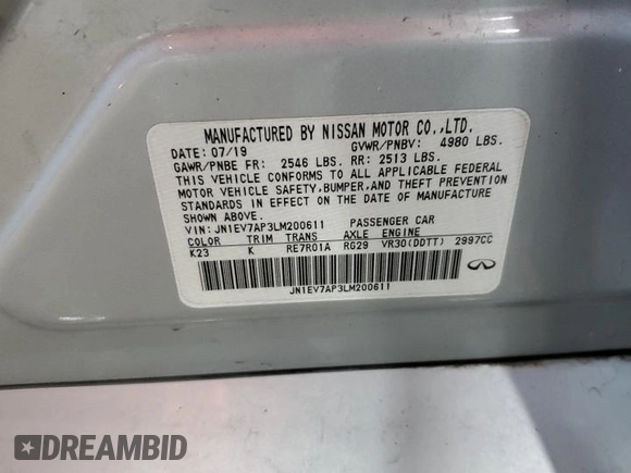 2020 Infiniti Q50 Luxe with VIN JN1EV7AP3LM200611, listed as a Copart auction lot 60059815 with 80,678 mi miles and Salvage title. Bid and sale history available at DreamBid. Image 12.