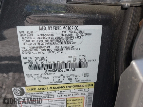 2008 Ford Taurus X SEL с VIN 1FMDK05W58GA03368, выставлен на аукционе IAAI как лот 42278545 с пробегом 140 997 миль миль и . История ставок и продаж доступна на DreamBid. Изображение 9.