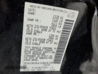 2020 Nissan Murano SV with VIN 5N1AZ2BJ9LN140420, listed as a Copart auction lot 62720055 with Not provided miles and Salvage title. Bid and sale history available at DreamBid. Image 14.