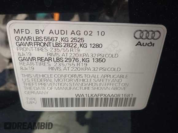 2010 Audi Q5 Premium Plus с VIN WA1LKAFPXAA081581, выставлен на аукционе IAAI как лот 42144407 с пробегом 270 545 миль миль и . История ставок и продаж доступна на DreamBid. Изображение 9.