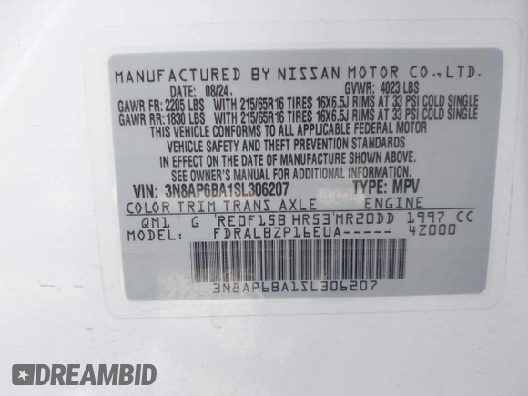 2025 Nissan Kicks S with VIN 3N8AP6BA1SL306207, listed as a IAAI auction lot 41813763 with 20,807 mi miles. Bid and sale history available at carsss.com. Image 9.