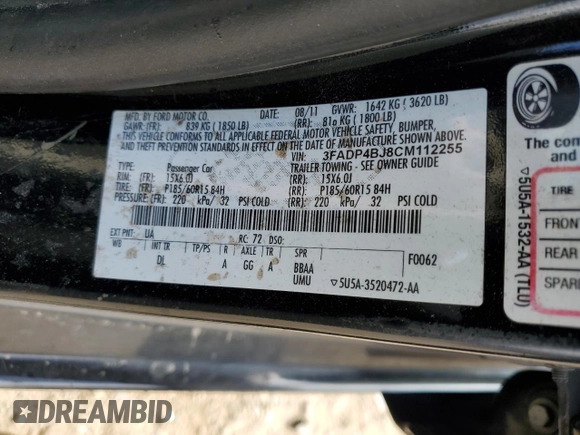 2012 Ford Fiesta SE with VIN 3FADP4BJ8CM112255, listed as a Copart auction lot 42932575 with 136,534 mi miles and Salvage Title. Bid and sale history available at DreamBid. Image 13.