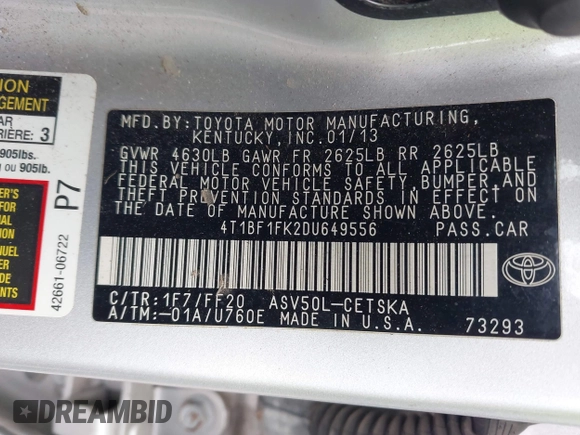 2013 Toyota Camry L with VIN 4T1BF1FK2DU649556, listed as a IAAI auction lot 41949078 with 1 mi miles. Bid and sale history available at carsss.com. Image 9.