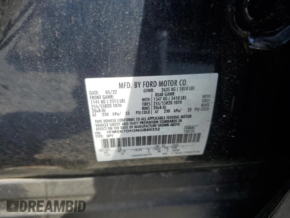2022 Ford Explorer XLT with VIN 1FMSK7DH3NGB60332, listed as a Copart auction lot 57460815 with 40,812 mi miles and Salvage title. Bid and sale history available at DreamBid. Image 13.