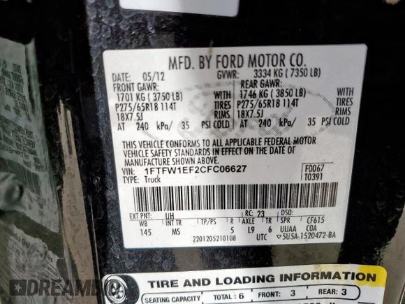 2012 Ford F-150 XL with VIN 1FTFW1EF2CFC06627, listed as a Copart auction lot 58187725 with 185,553 mi miles and Salvage title. Bid and sale history available at DreamBid. Image 12.